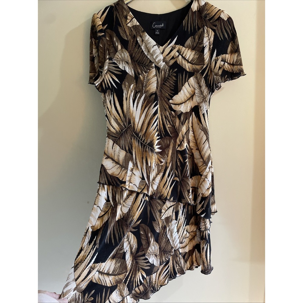 Connected Apparel Brown & Black Print Pleated Leaf Tiered Dress Size 14 Mid